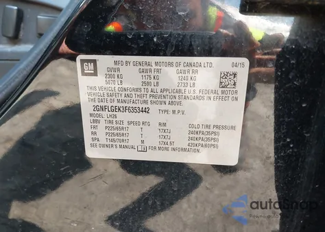 2015 Chevrolet Equinox 2Lt z USA, uszkodzony, nr VIN 2GNFLGEK3F6353442